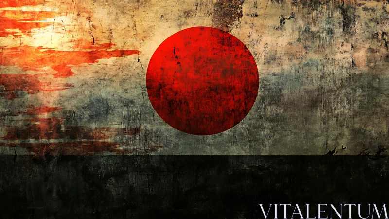 Textured rising sun emblem with distressed grunge palette.