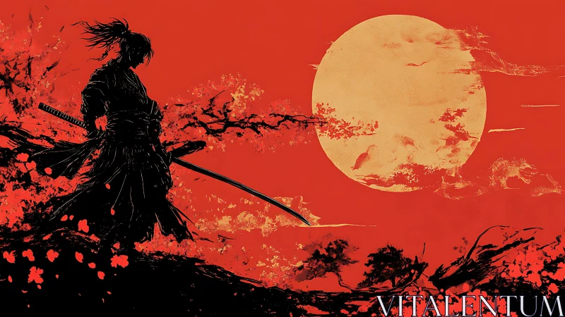 Samurai silhouette stands before large textured sun