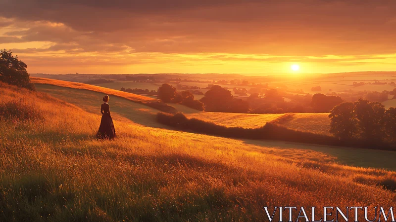 Solitary figure on sunlit hills at burning sunset horizon.