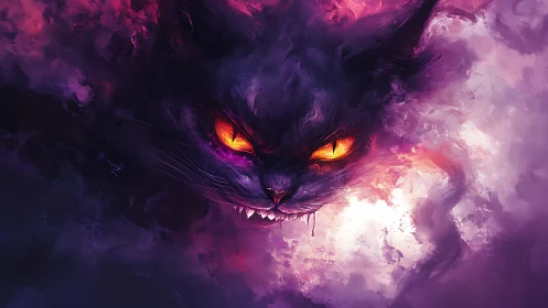 Mystic purple cat spirit with glowing eyes in swirling clouds.