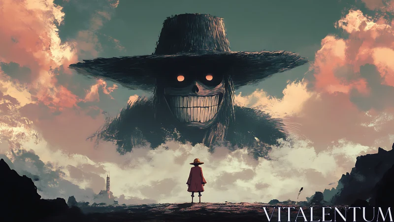 Cinematic digital painting of lone wanderer and spectral colossus.