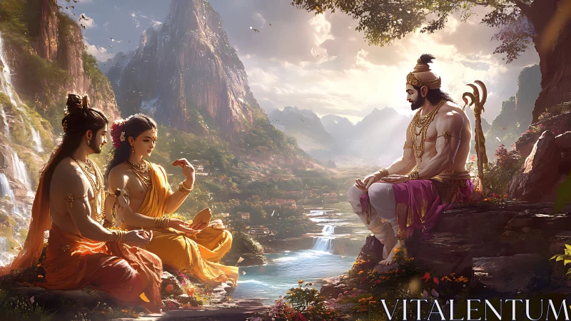 Epic divine council beside cascading river valley landscape.