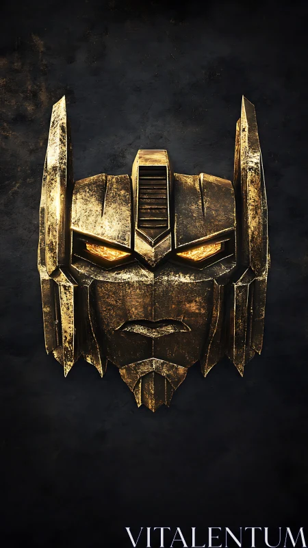 Weathered golden mech helm against textured black void.
