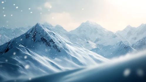 Sunlit alpine ridgeline under fresh snowfall in soft focus.