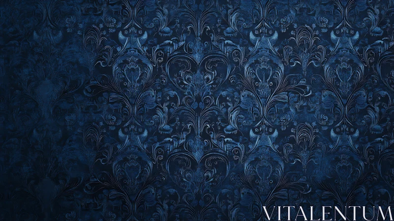 Midnight blue damask wallpaper glows with quiet elegance
