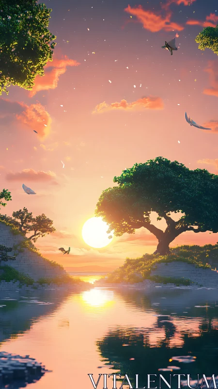 Procedural sunset riverscape with volumetric light gradients.