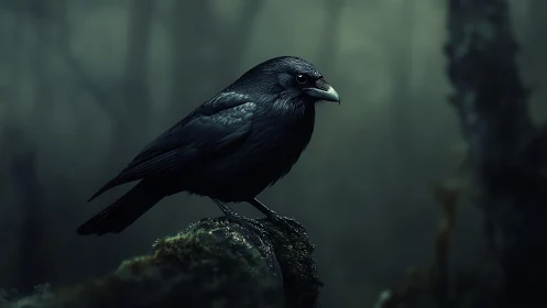 Black Raven Perched on Moss-Covered Stone.
