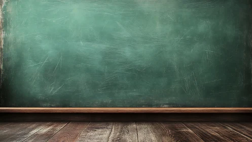 Worn green chalkboard over aged plank floor, frontal perspective.
