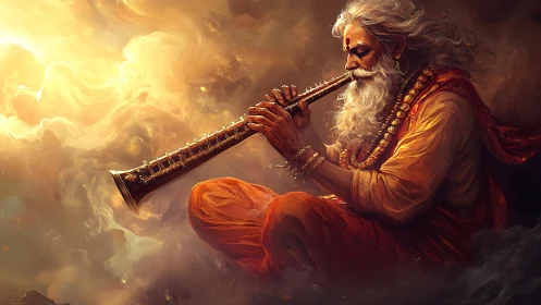 Divine sage musician in radiant atmospheric digital painting.