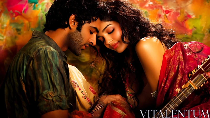 Intimate dual-figure composition with chromatic gradient backdrop and acoustic instrumentation.