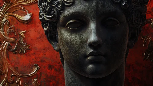 Ancient stone bust glows against ornate red baroque backdrop