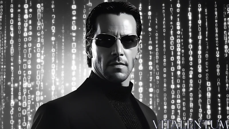 Stoic cyber agent amid cascading monochrome code matrix.