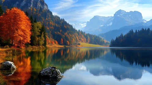 Autumn lake reflection below blue alpine mountain range.