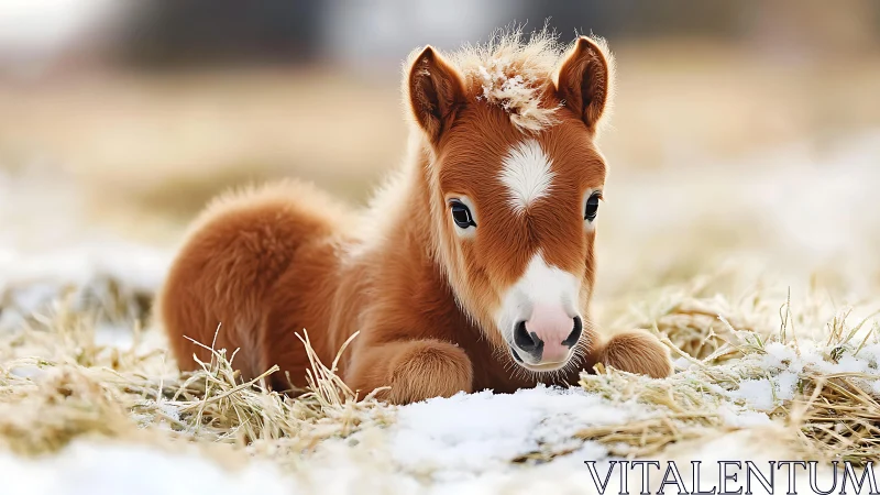 Gentle foal rests in soft winter straw with curious warmth
