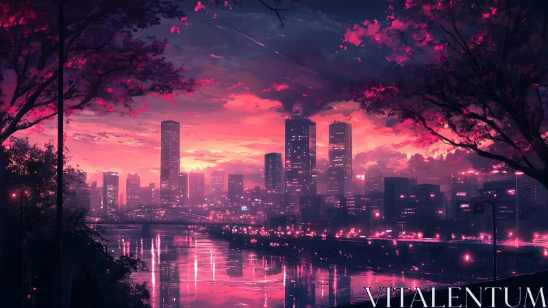 Neon river skyline bathing in electric cherry dusk.