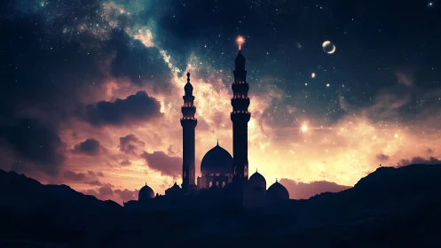Silhouetted mosque rises under luminous galactic night sky