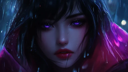 Purple eyed woman in rain with vivid neon lighting.
