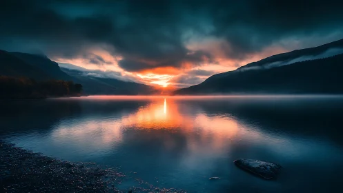 Sunrise ignites misty mountain lake with vivid reflections.