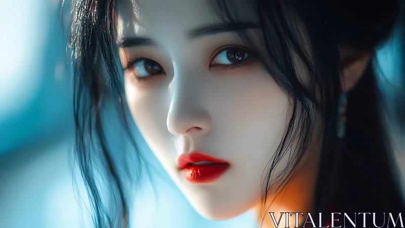 Hyperreal digital portrait of luminous gaze and carmine lips.
