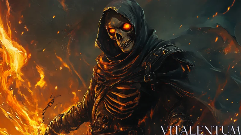 Hooded flaming skeleton warrior stares forward in fire