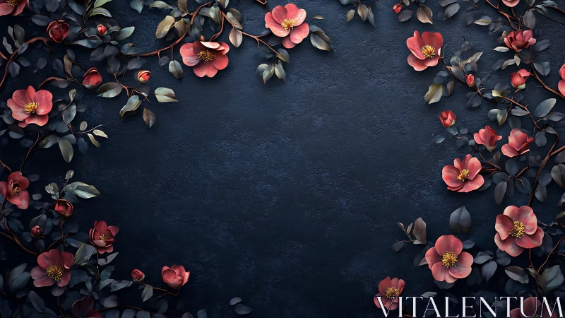 Pink camellia flowers arranged on dark textured surface.