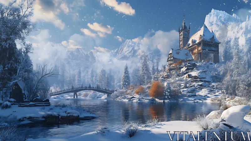 Snowbound riverside castle with arched bridge and peaks.