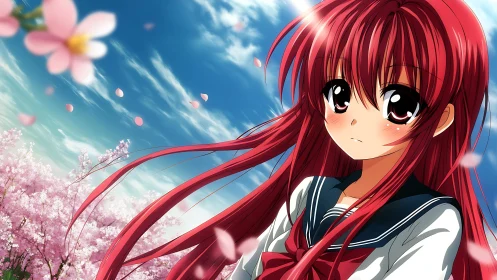 Red haired anime schoolgirl under drifting cherry blossoms.