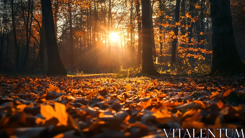 Golden hush of sunrise tangled in an autumn forest floor.