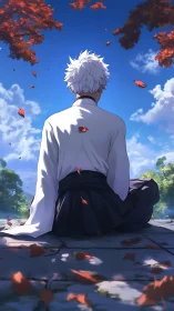 Serene white haired figure enjoys a quiet autumn sky