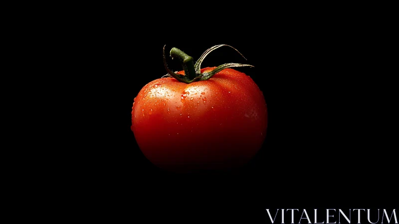 Ripe tomato with water droplets on black background.