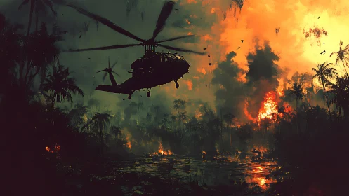 Military helicopter over burning jungle swamp at dusk