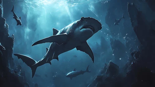 Predatory shark rendered in cinematic deep-sea digital painting