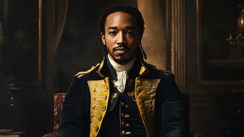 Regal officer portrait in gilded eighteenth century uniform.