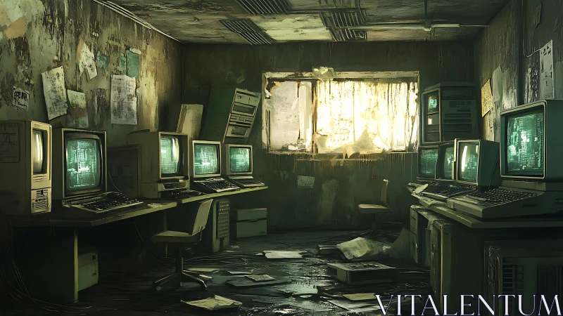 Decaying retro computer lab under harsh window light.