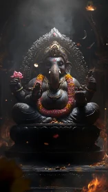 Gentle Ganesha in glowing garlands and drifting temple smoke.