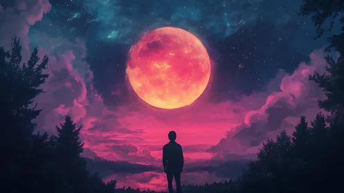 Dreamy pink moon welcomes a lone stargazer into the night