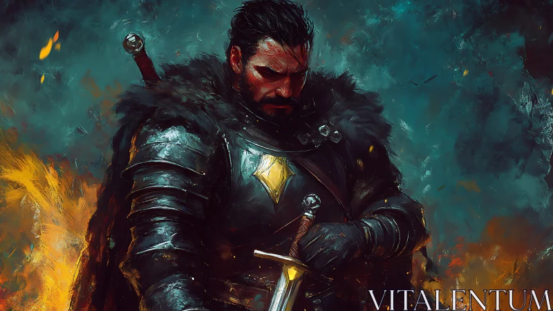 Brooding knight in embers, holding quiet strength and steel.