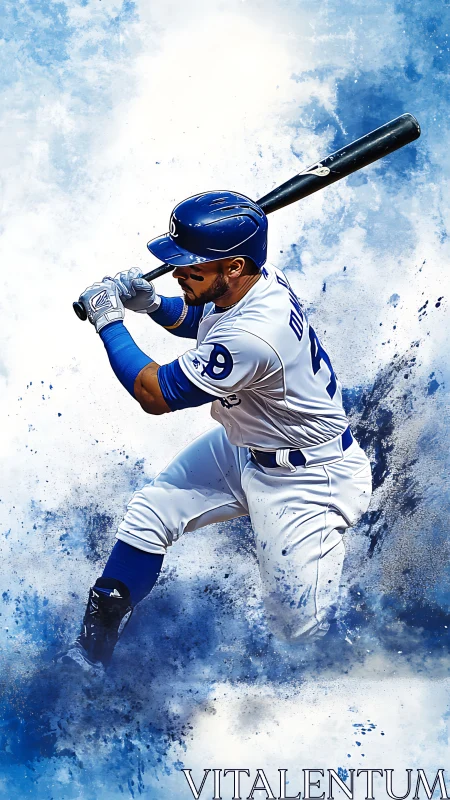 Electric blue baseball slugger amid explosive paint clouds.