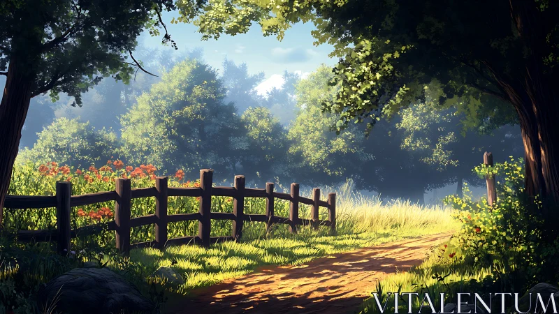 Sunlit country path curving beside rustic wooden fence.