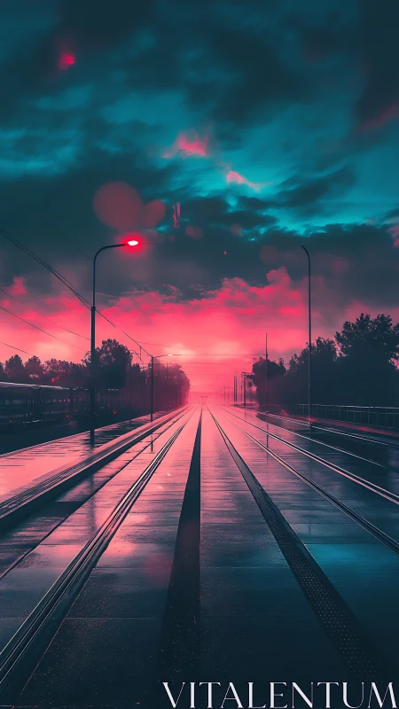 Tram tracks extend toward distant horizon under neon sky