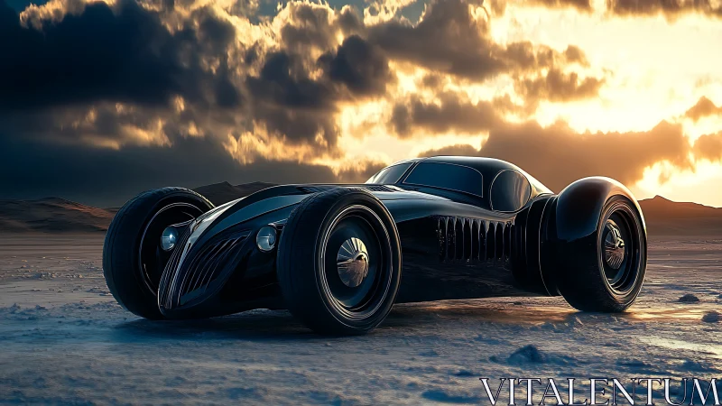 Futuristic black concept car glides across a stormlit desert