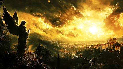 Golden angel silhouette above blazing celestial cityscape.