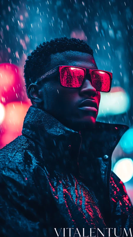 Neon rain portrait with reflective magenta visor glasses at night
