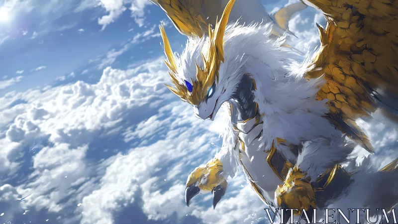 Armored celestial dragon with golden wings descends above clouds