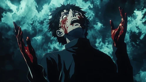 Bloody anime figure under stormy sky in brutal anguish.