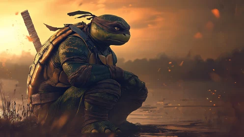 Armored humanoid turtle at dusk near reflective water surface.