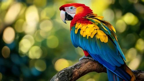 Vibrant scarlet macaw perched on branch in dreamy bokeh style.