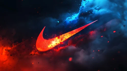 Red swoosh logo glows amid blue and orange digital clouds
