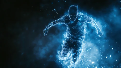Energy-infused digital runner emerges in dynamic blue particles