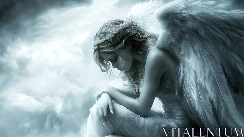 Melancholy winged dreamer curled in a silver cloud hush.